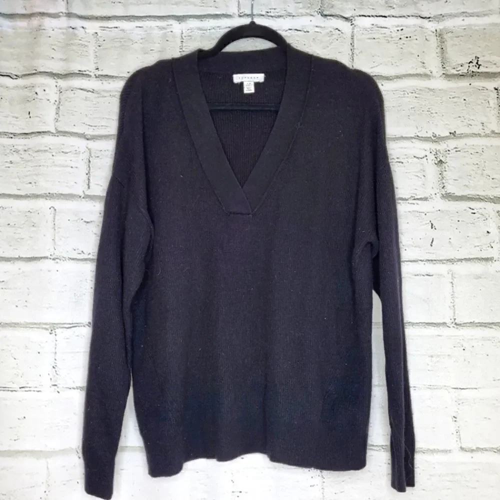 Topshop oversized v neck ribbed sweater black XS